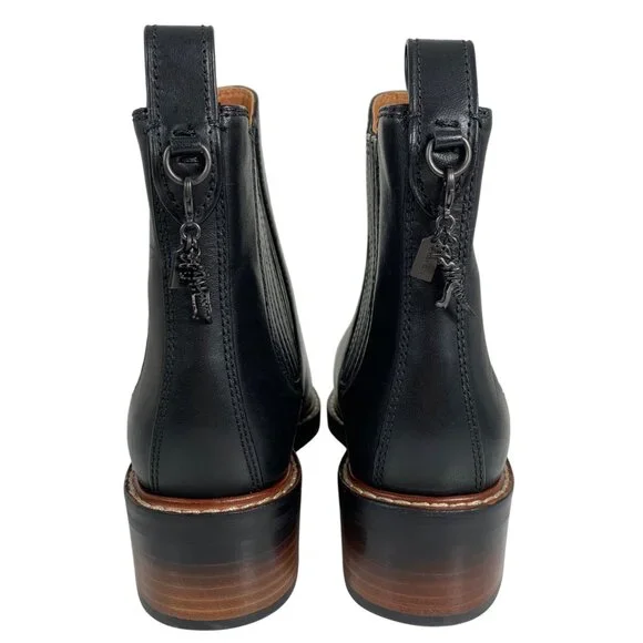 COACH Bowery Chelsea Black Leather Boots Rex Charm Bootie Womens SZ 5 Flaw #1 - Picture 4 of 11